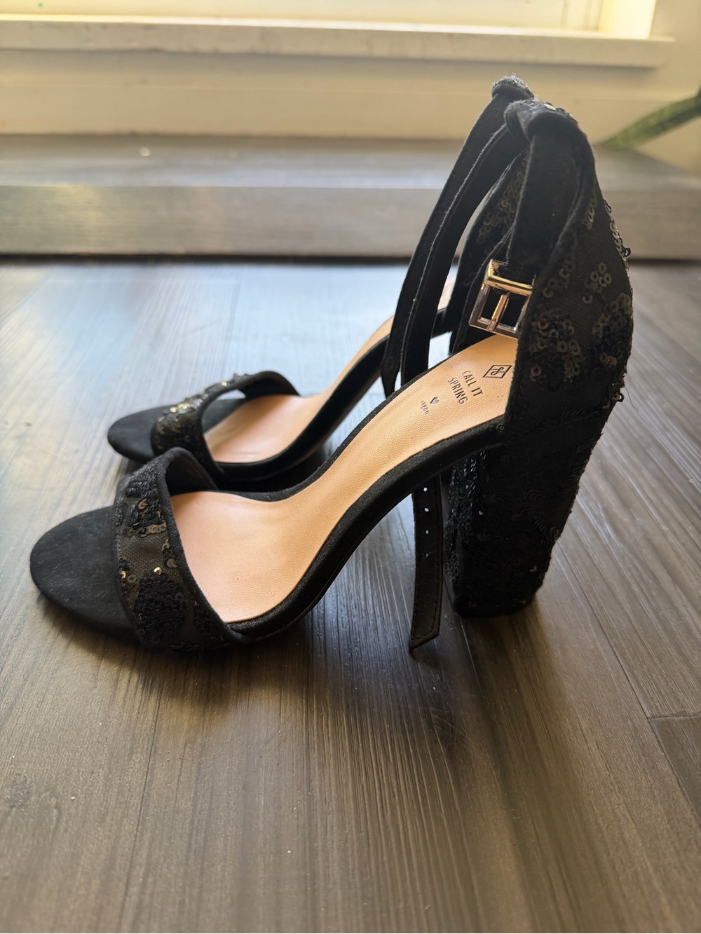 Call It Spring Black Sequin Block Heel Sandals with Ankle Strap